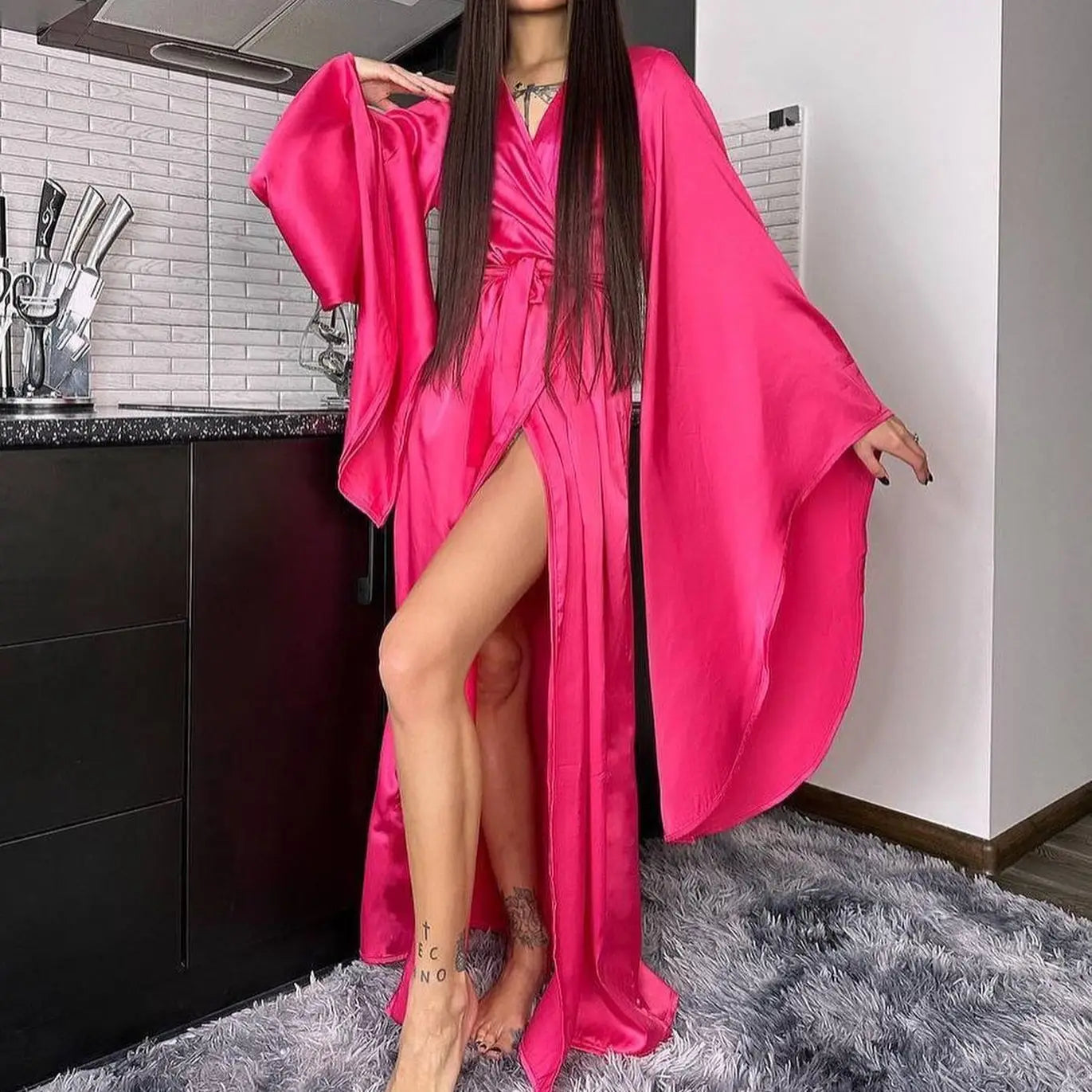 Fashion Elegant Women Long Robe Home Dress Sexy Ice Silk Kimono Bathrobe Gown Spring Summer Nightgown Loungewear Loose Homewear