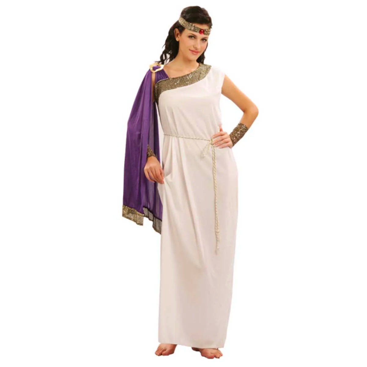Couple's Greek Roman Toga Costumes Men Women White Robe with Red Sash Gold Trim Halloween Party Cosplay Outfit