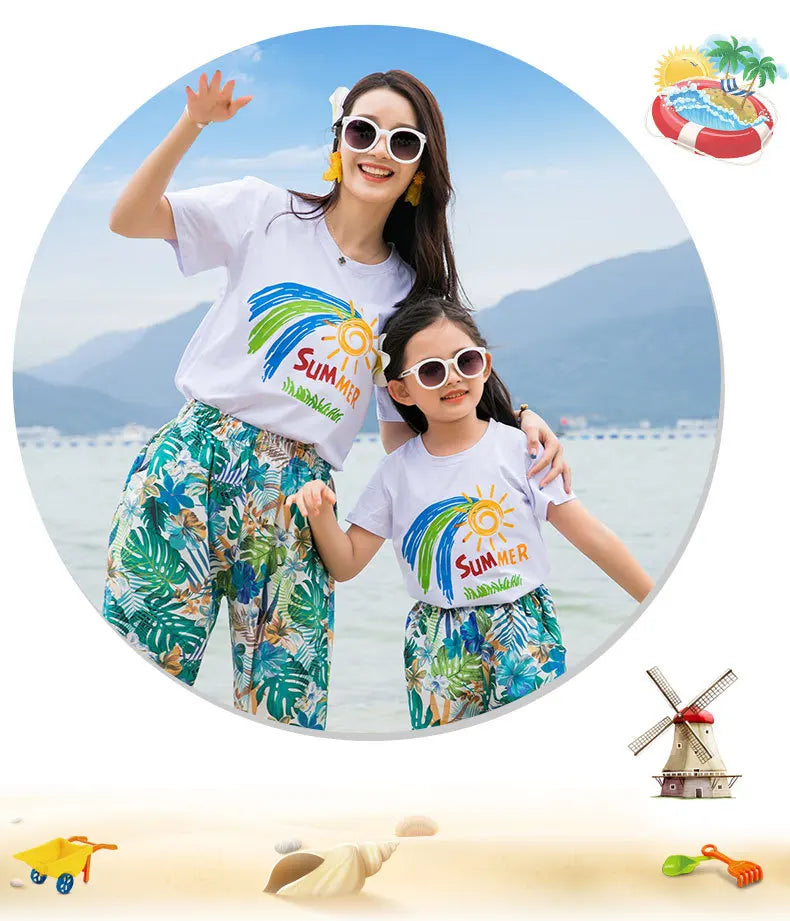 Couple Clothes Matching Outfits for The Whole Family Vacation Look Mom and Daughter T Shirts Pants Two Piece Sets Dad Son Suit