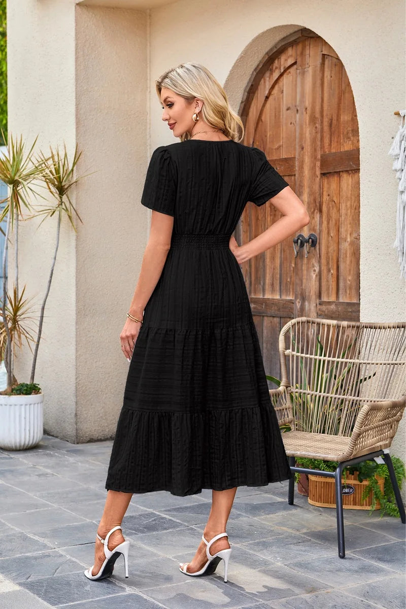2026 New Dresses Women V Neck Ruched Puff Sleeve Dress Short Sleeve A-Line Flowy Dress Casual Summer Dropshipping