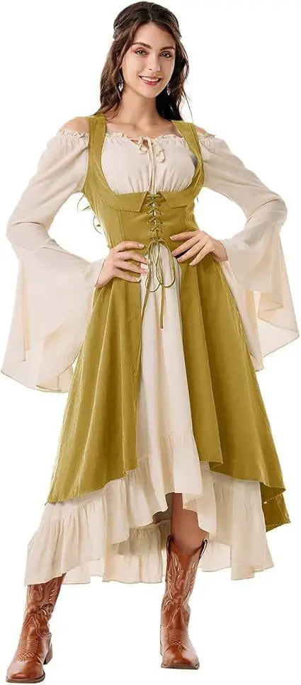 Women's Renaissance Dress with Underbust Corset - High Low Hem Medieval Gown for Cosplay, Festival and Themed Party