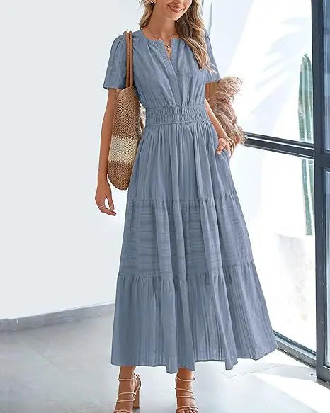 2026 New Dresses Women V Neck Ruched Puff Sleeve Dress Short Sleeve A-Line Flowy Dress Casual Summer Dropshipping