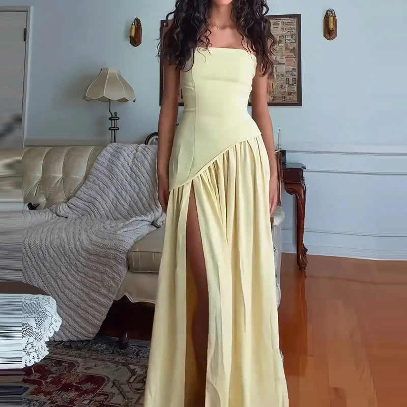 Women's Fashion Draped Solid Gown Dress Sexy Strapless Hight Waist Evening Dress Summer Elegant Sleeveless Backless Long Dress