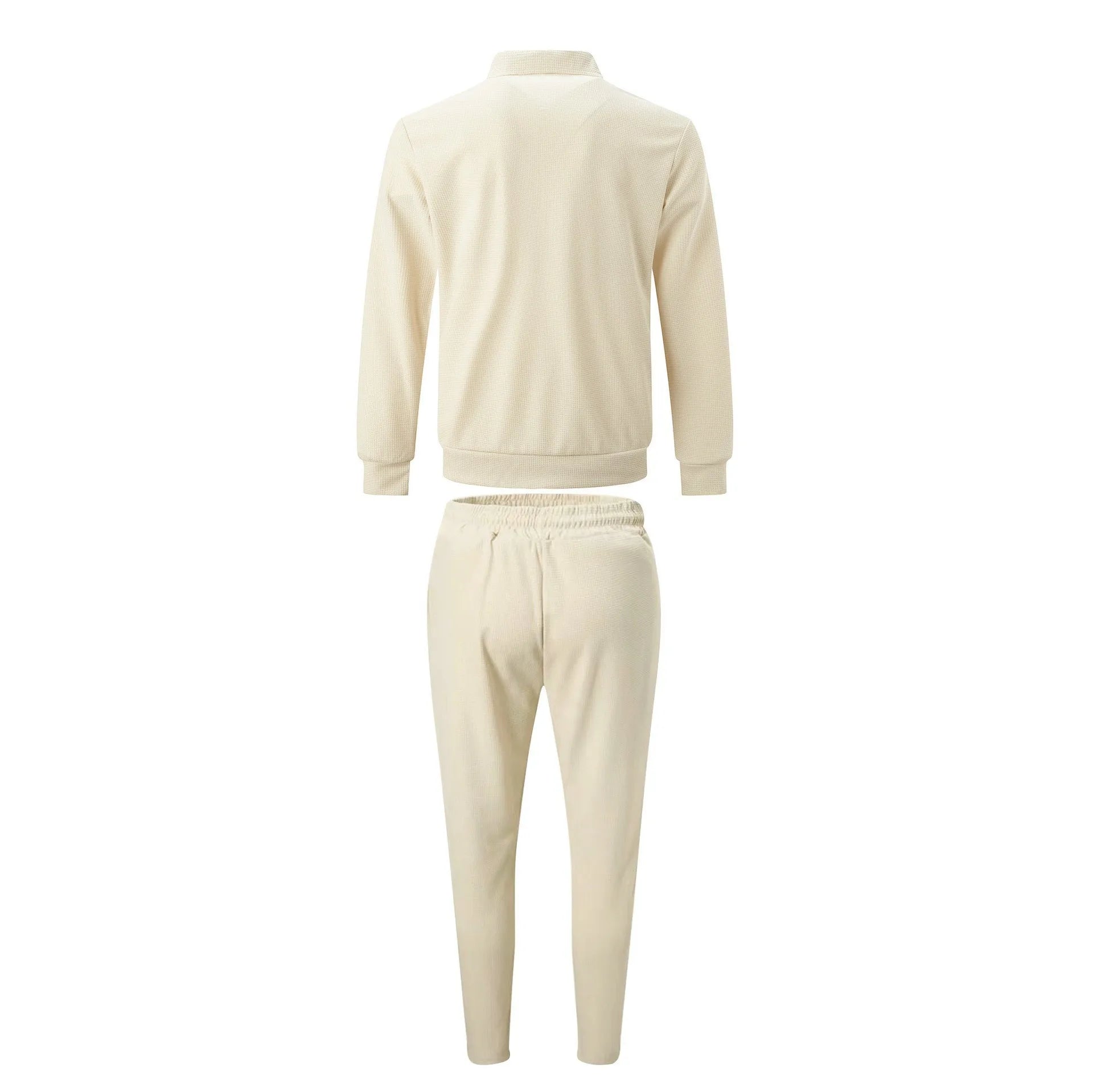 The new spring-autumn men's suit featuring a stylish waffle jacket and plain-colored trousers makes for a great casual outfit.