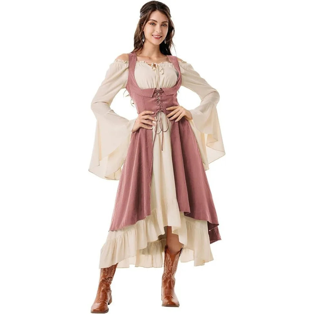 Women's Renaissance Dress with Underbust Corset - High Low Hem Medieval Gown for Cosplay, Festival and Themed Party
