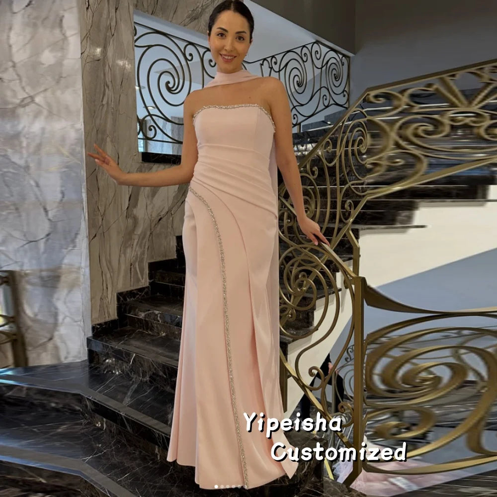 Women's Formal Evening Gowns A-line Floor-length Strapless Sleeveless Prom Dresses Fashion Crystal Simple Party Gowns Customized
