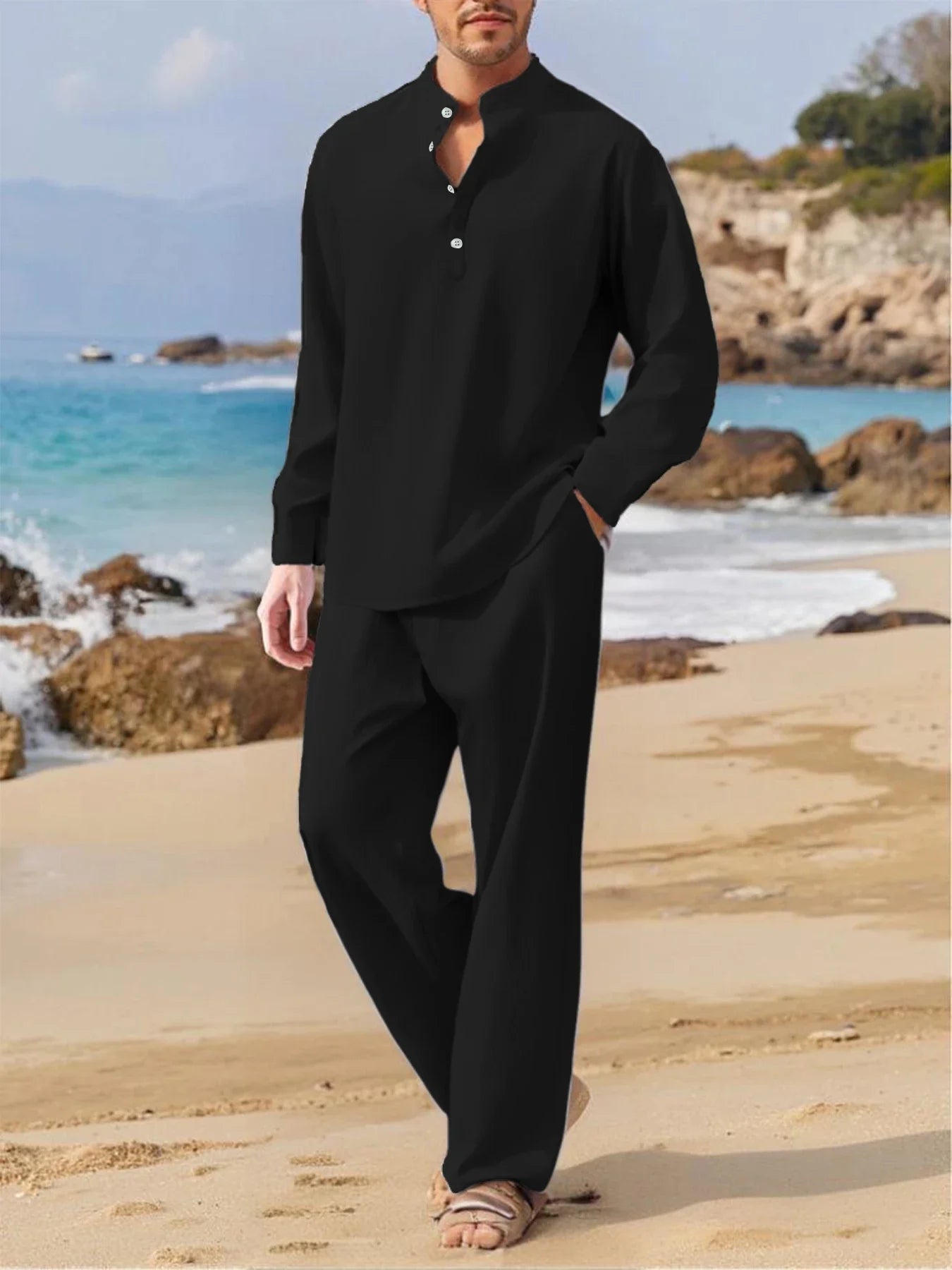 Men's Fall Casual Outfits Solid Color Henley Collar Long Sleeve Tops with Elastic Waist Pants Long Sleeve Pants Shirt Suit