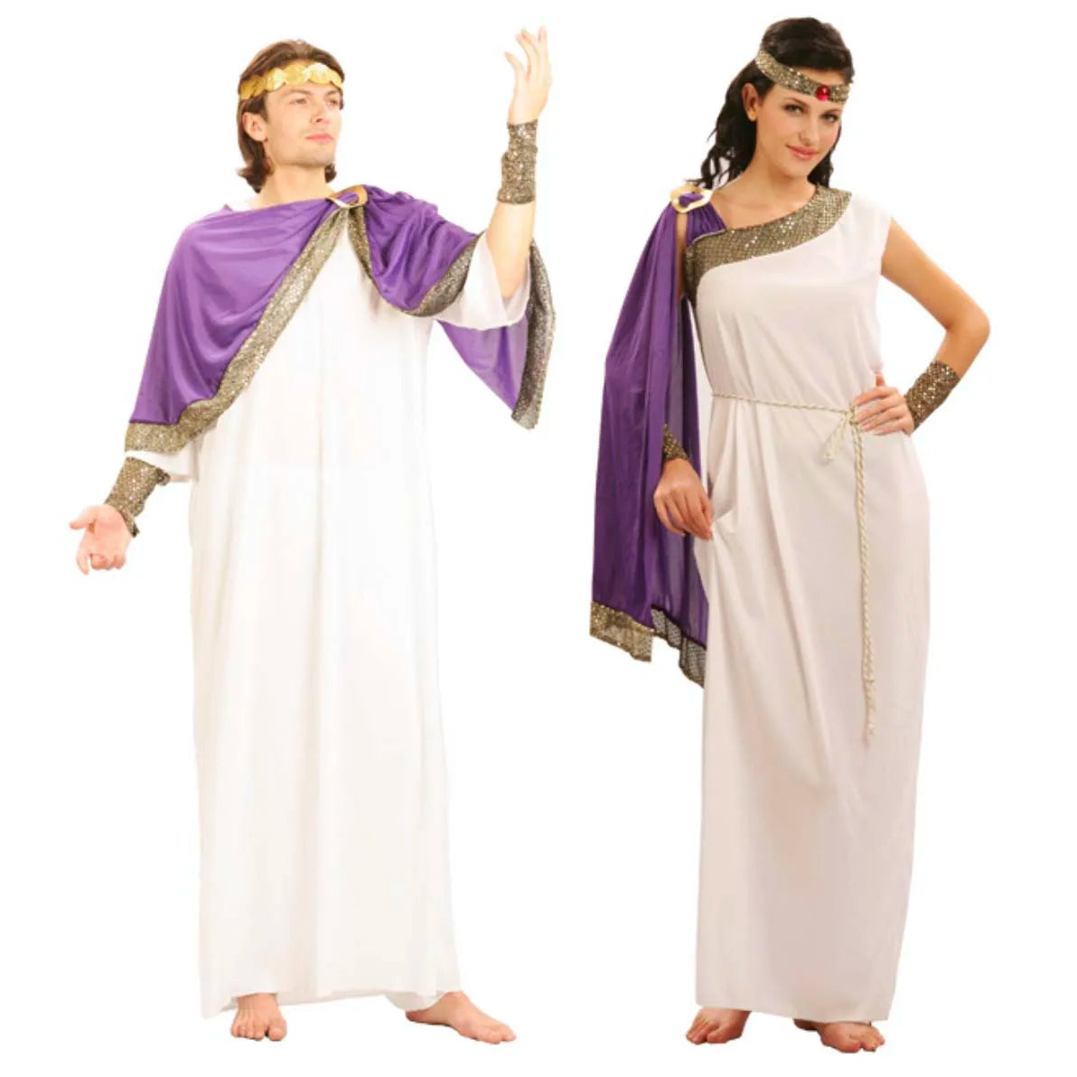 Couple's Greek Roman Toga Costumes Men Women White Robe with Red Sash Gold Trim Halloween Party Cosplay Outfit