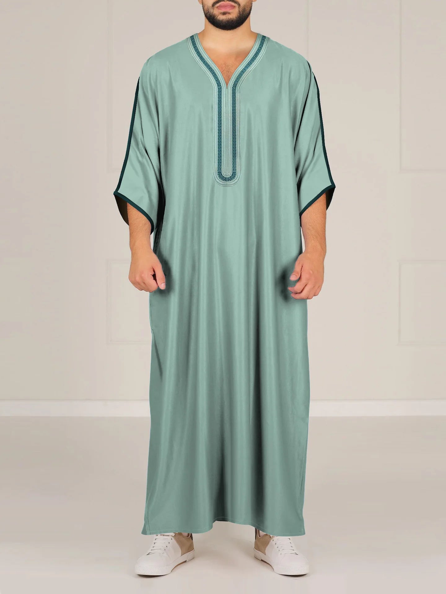 2026 Muslim Men Dress Solid Casual Robe V-neck Loose Kaftan Abayas Ethnic Style Embroidered Prayer Gown Arab Islamic Jubba Thobe