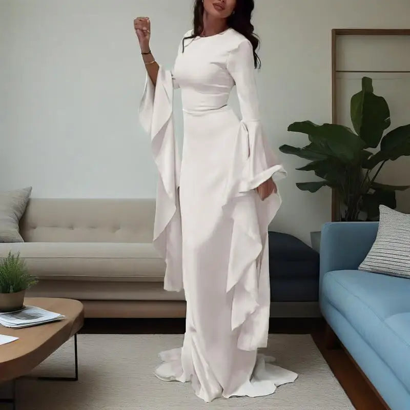 Evening Gown Dress Women's Sexy Slim Fit Solid Color Round Neck Flared Sleeves Elegant Style Summer New Item