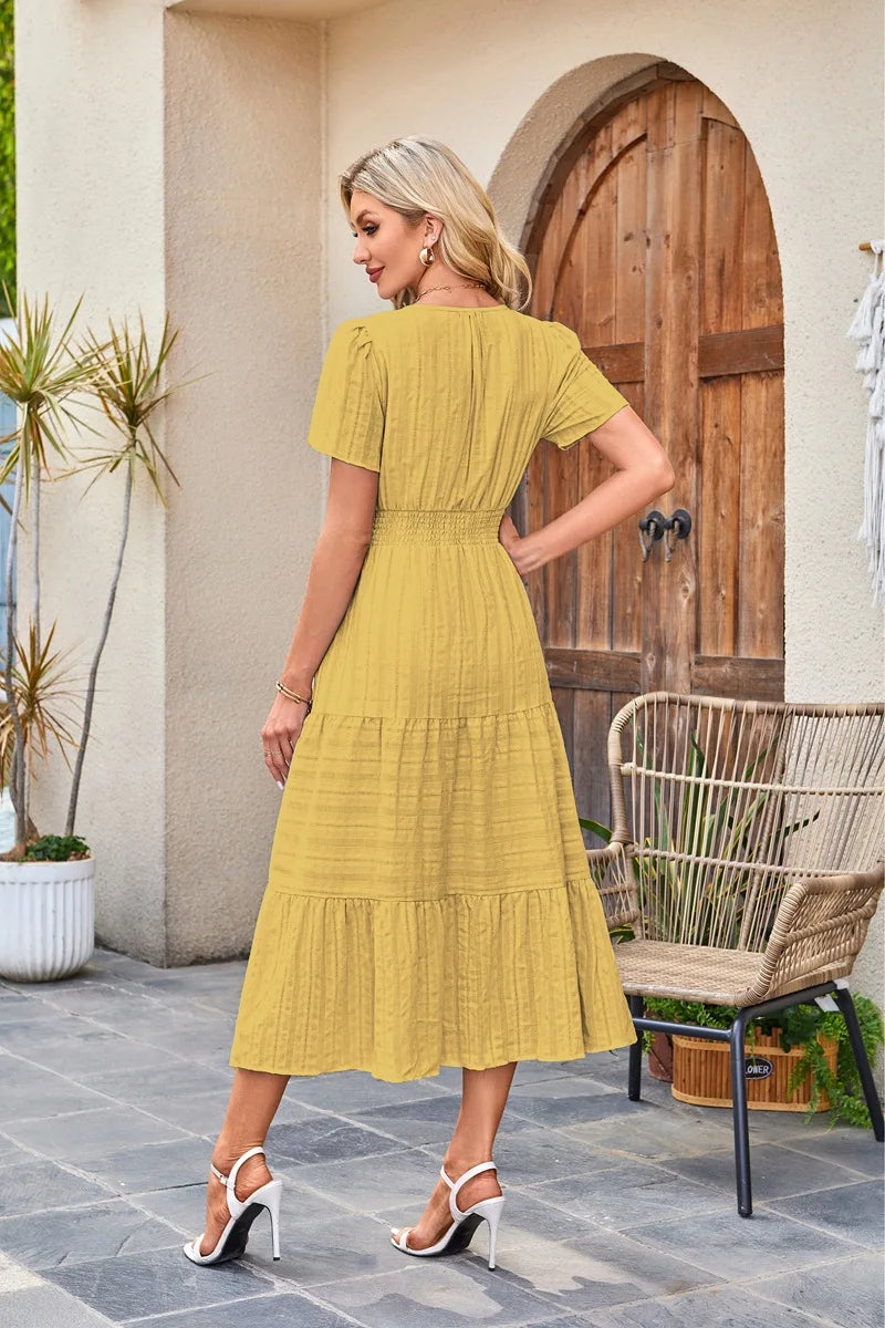 2026 New Dresses Women V Neck Ruched Puff Sleeve Dress Short Sleeve A-Line Flowy Dress Casual Summer Dropshipping