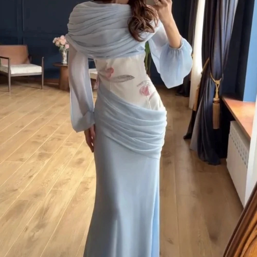 Women Blue Fashion Evening Gown Customized High Neck Long Sleeves Floral Chiffon Mermaid Party Dress Floor Length Prom Dress