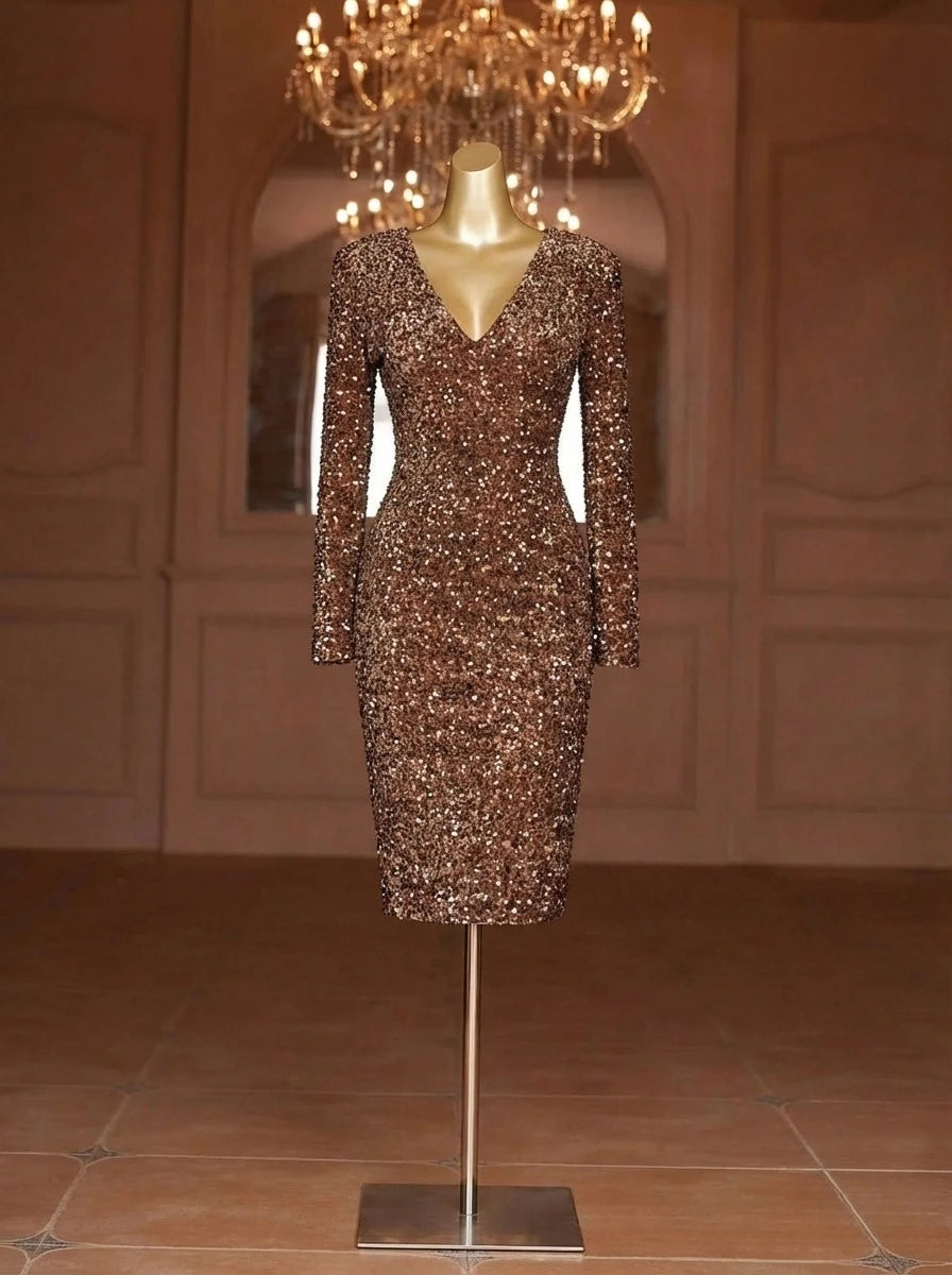 French Luxury Fashion Shiny Evening Gown Women Long-sleeve V-neck Sequined Slim-fit Party Dress Elegant Formal Occasion Clothing