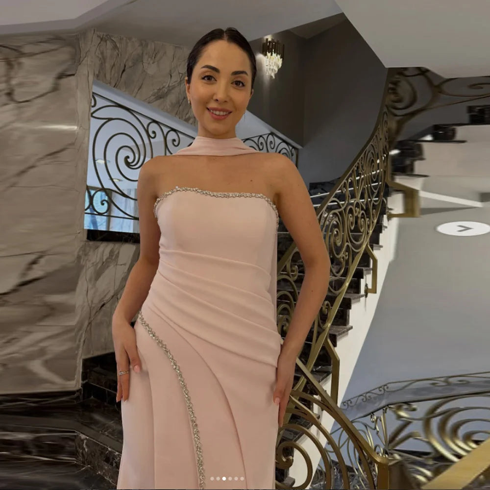 Women's Formal Evening Gowns A-line Floor-length Strapless Sleeveless Prom Dresses Fashion Crystal Simple Party Gowns Customized