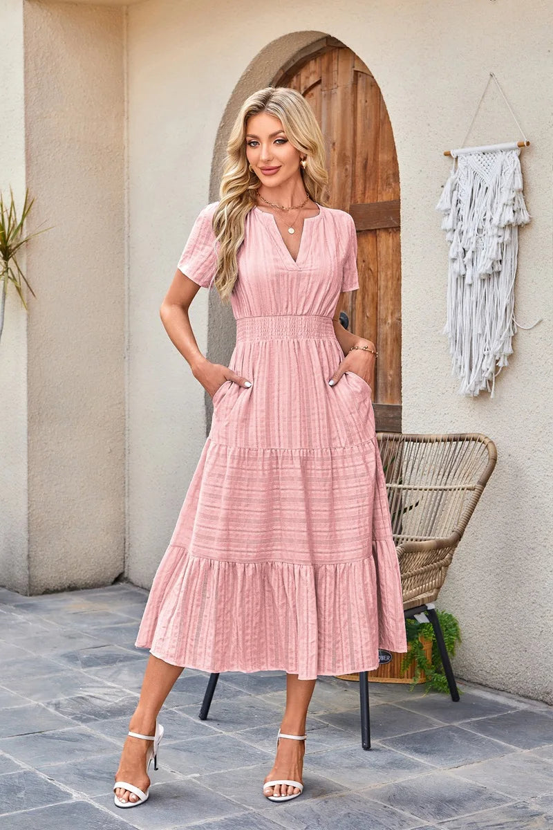 2026 New Dresses Women V Neck Ruched Puff Sleeve Dress Short Sleeve A-Line Flowy Dress Casual Summer Dropshipping