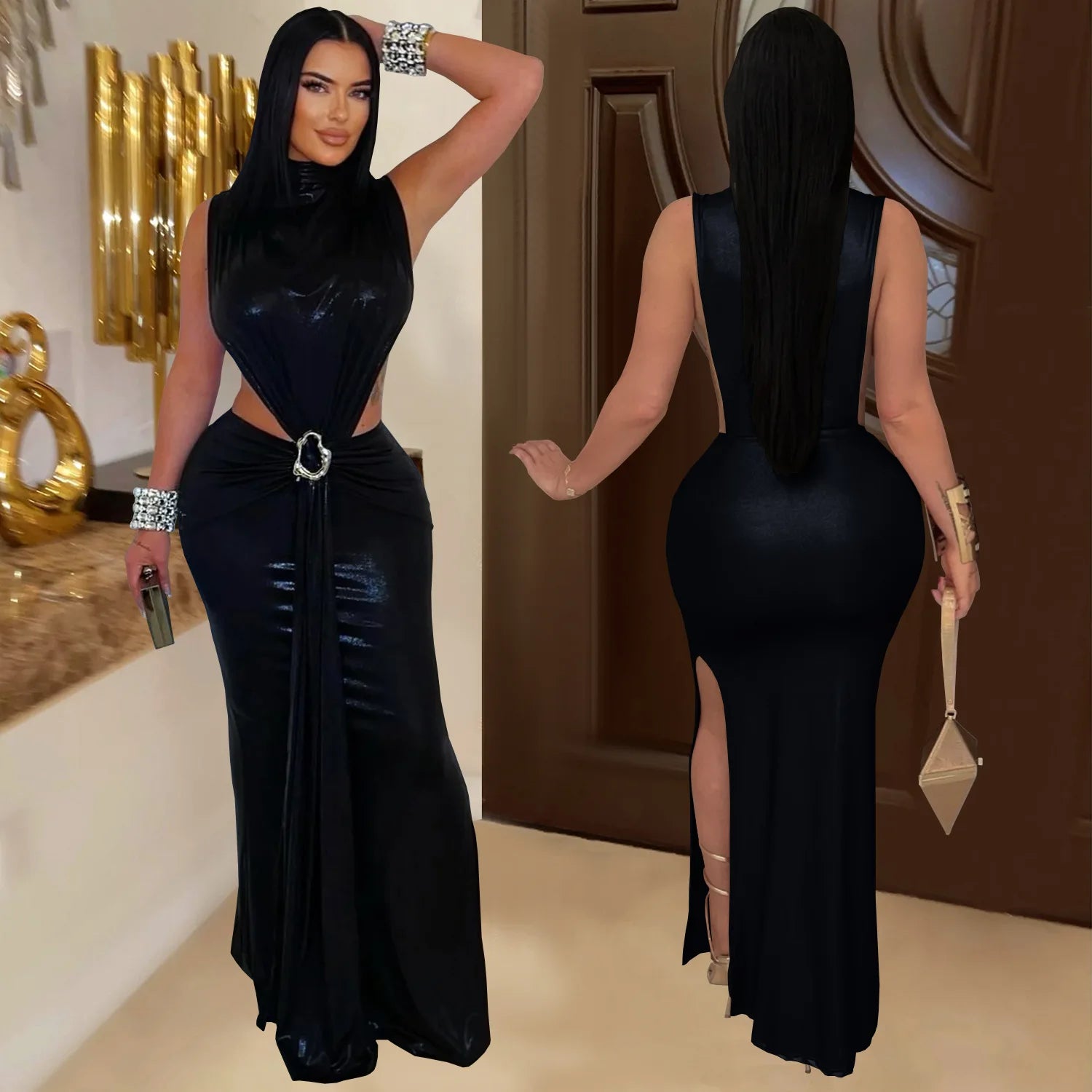 Women Evening Party Wear European American Fashion Elegant Turtleneck Bodycon Dress Slim Formal Stylish Long Gown
