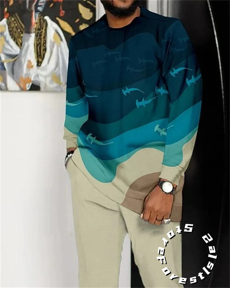 Classic Dress Set for Men Tracskuit Set Casual Walking Suit Ovrersize Streetwear Long Sleeve T-Shirt Trousers Outfit 2-piece