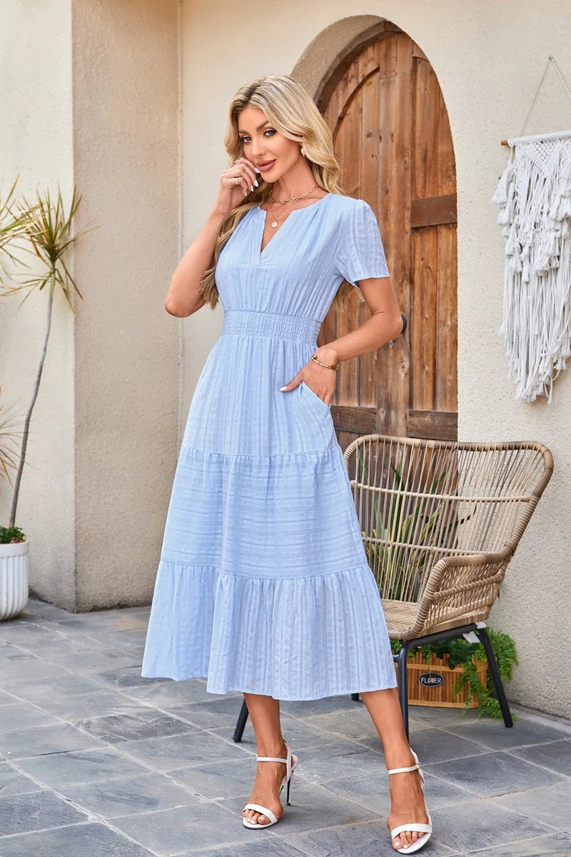 2026 New Dresses Women V Neck Ruched Puff Sleeve Dress Short Sleeve A-Line Flowy Dress Casual Summer Dropshipping
