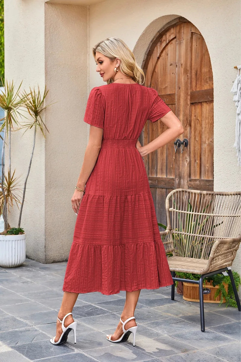 2026 New Dresses Women V Neck Ruched Puff Sleeve Dress Short Sleeve A-Line Flowy Dress Casual Summer Dropshipping