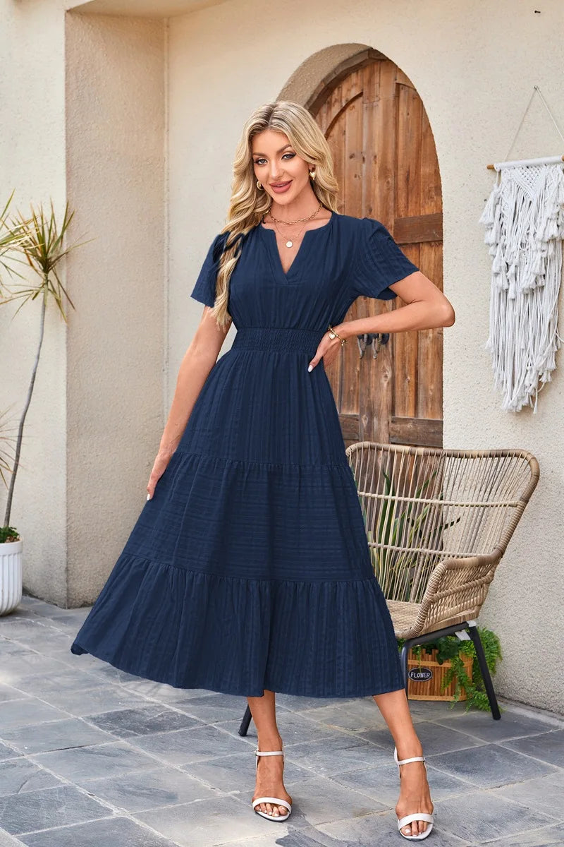 2026 New Dresses Women V Neck Ruched Puff Sleeve Dress Short Sleeve A-Line Flowy Dress Casual Summer Dropshipping