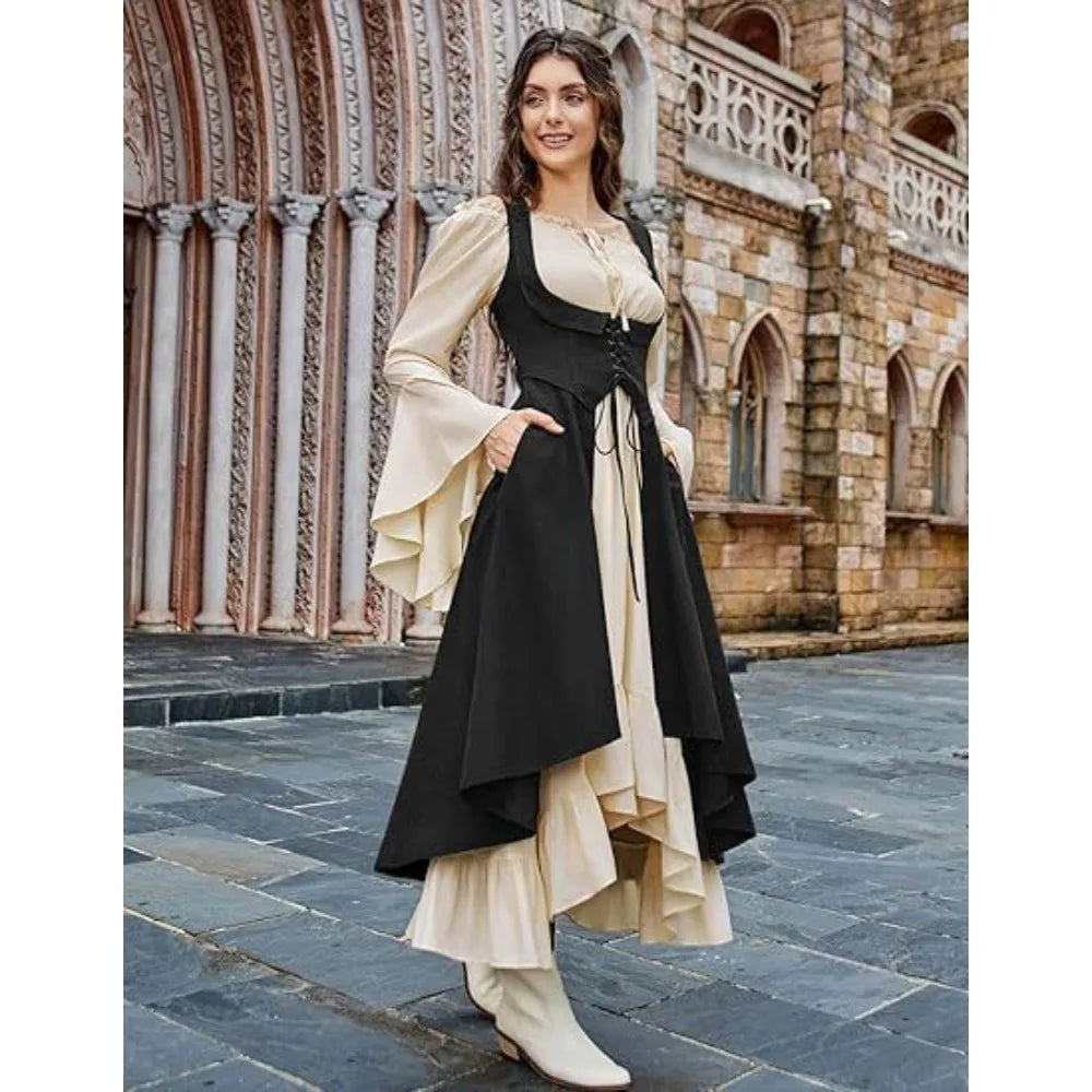 Women's Renaissance Dress with Underbust Corset - High Low Hem Medieval Gown for Cosplay, Festival and Themed Party
