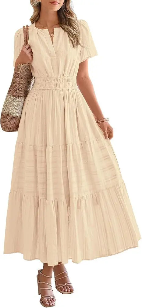 2026 New Dresses Women V Neck Ruched Puff Sleeve Dress Short Sleeve A-Line Flowy Dress Casual Summer Dropshipping