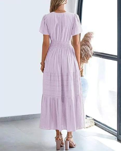 2026 New Dresses Women V Neck Ruched Puff Sleeve Dress Short Sleeve A-Line Flowy Dress Casual Summer Dropshipping