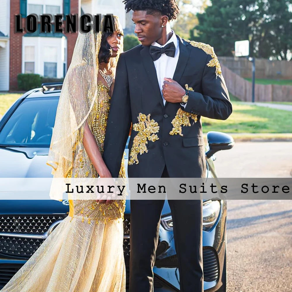 Casual Applique Male Suits 2 Pieces Single Breasted Tuxedos Wedding Groom Outfits Customized Blazer Pants robe mariage femme