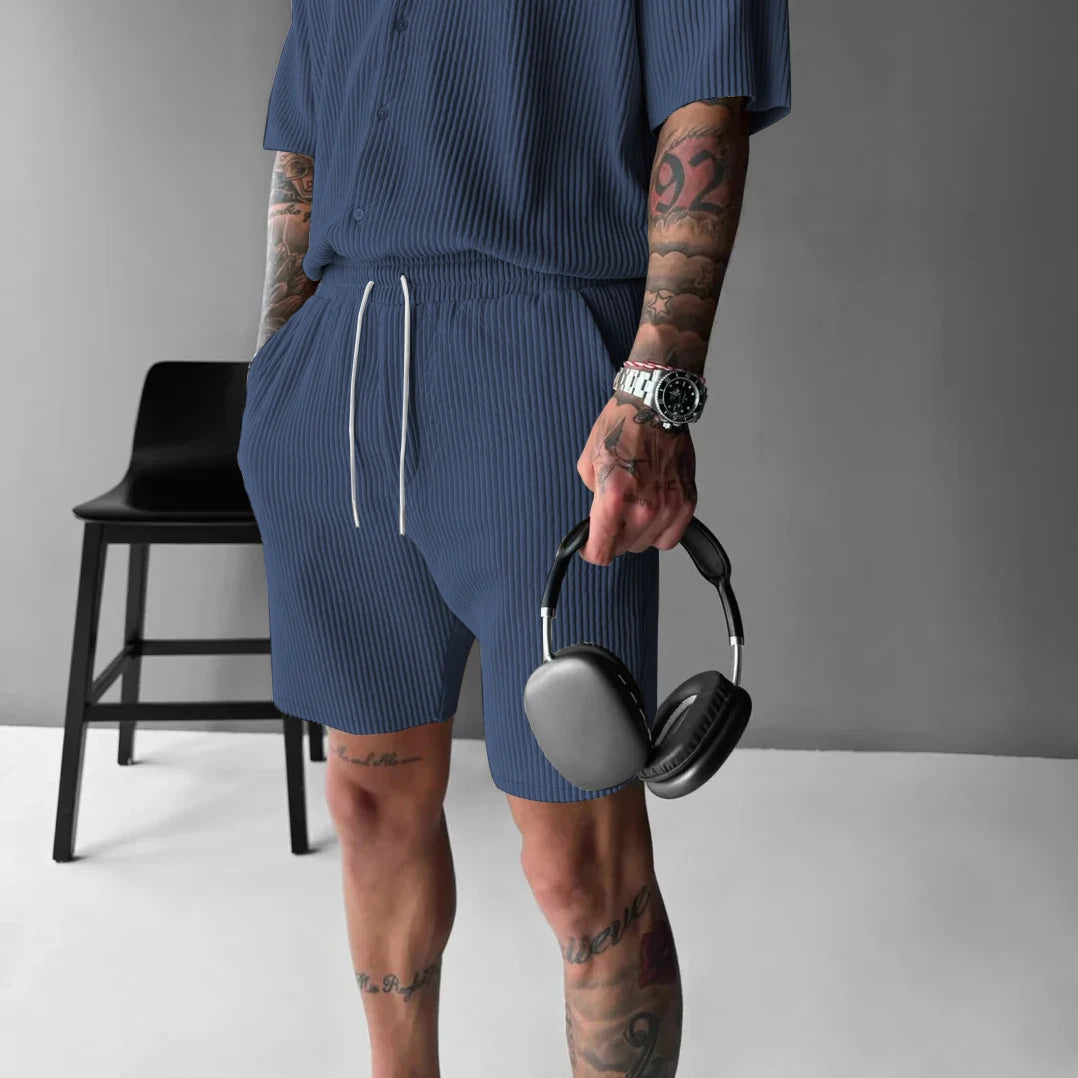 casual style corduroy suit men solid color short sleeved button up shirt loose fashion high-quality shorts handsome sports suit