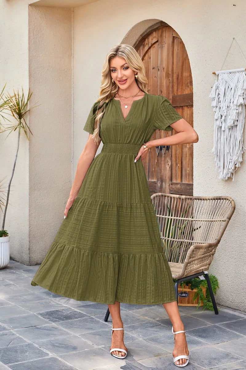 2026 New Dresses Women V Neck Ruched Puff Sleeve Dress Short Sleeve A-Line Flowy Dress Casual Summer Dropshipping