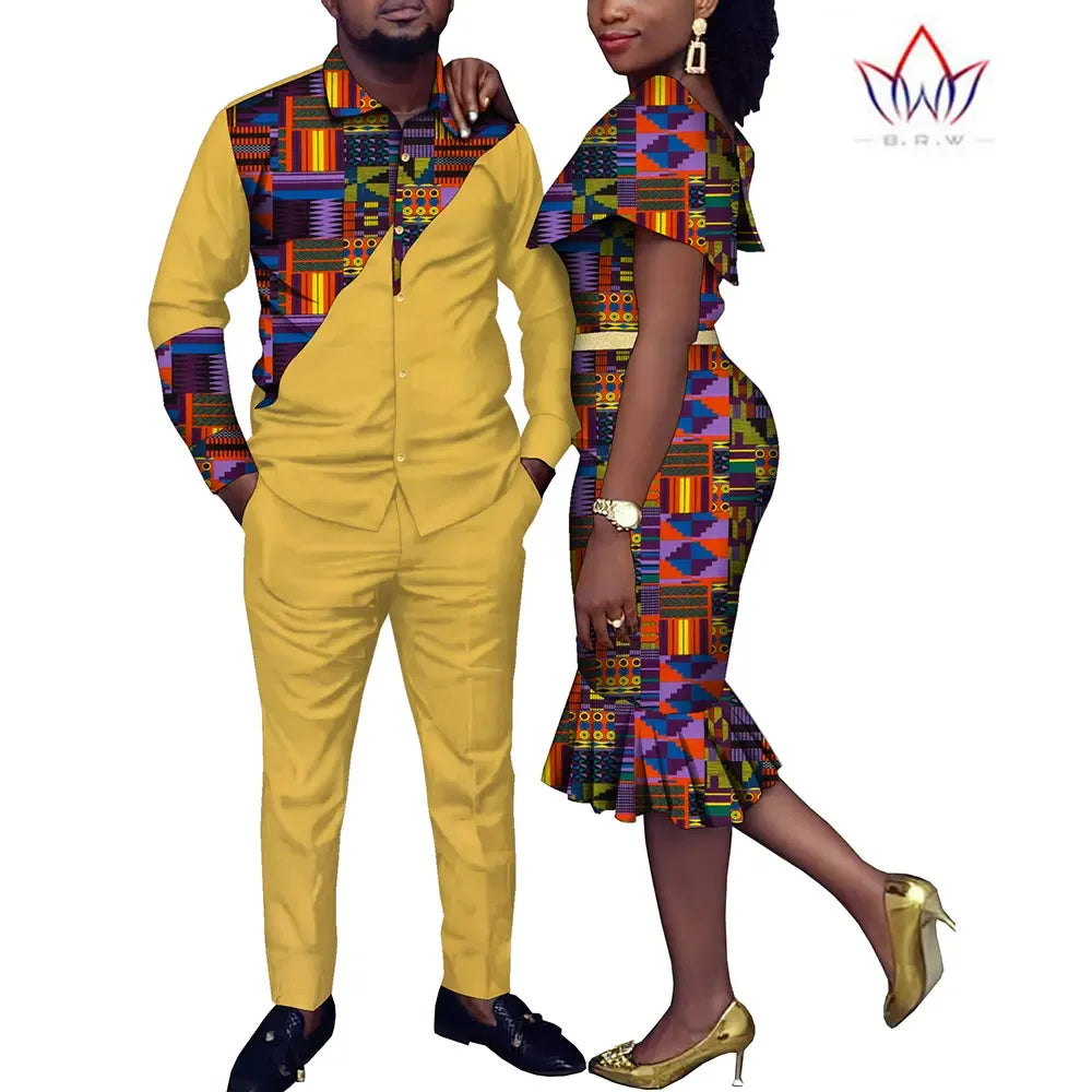 African Couple Clothes Suit and Dress 2 Pcs Couple Matching Outfits African Clothes Women and Men Wedding Party Dress WYQ1051