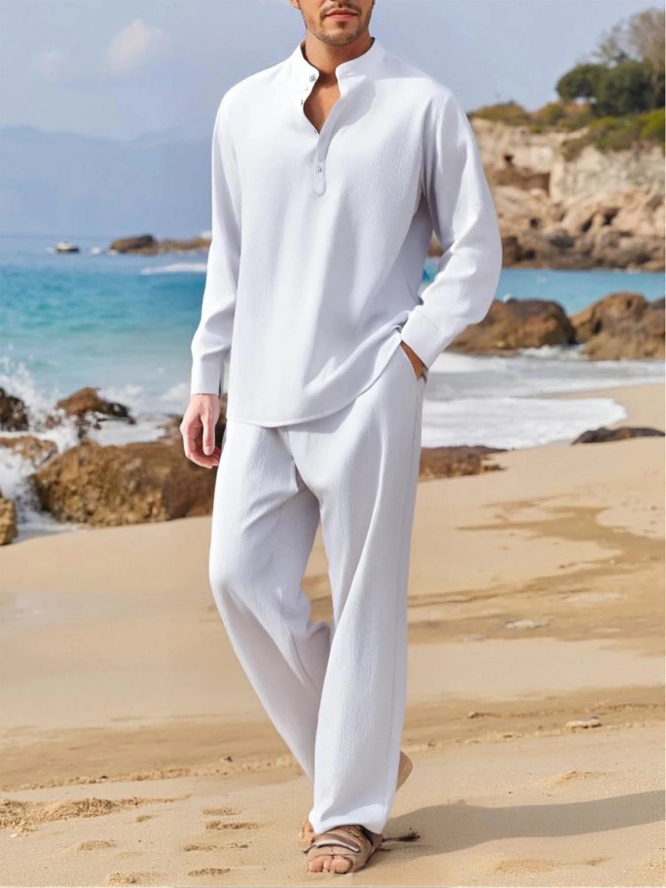 Men's Fall Casual Outfits Solid Color Henley Collar Long Sleeve Tops with Elastic Waist Pants Long Sleeve Pants Shirt Suit