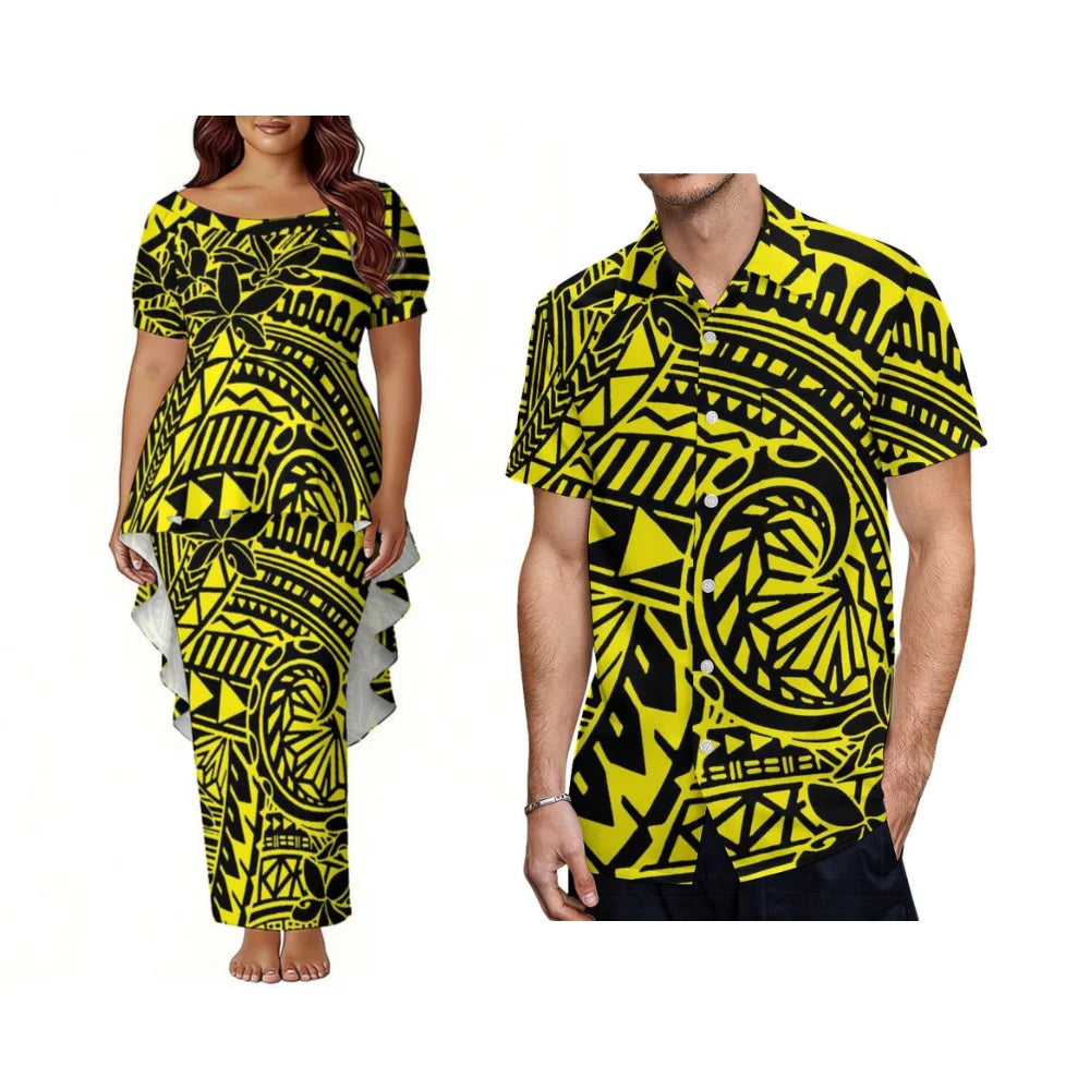 Polynesian Dinner Party Couple Outfits - Bubble Sleeve And Tailoring Style Puletasi Ladies' Dress - Casual Style Men'S Shirt