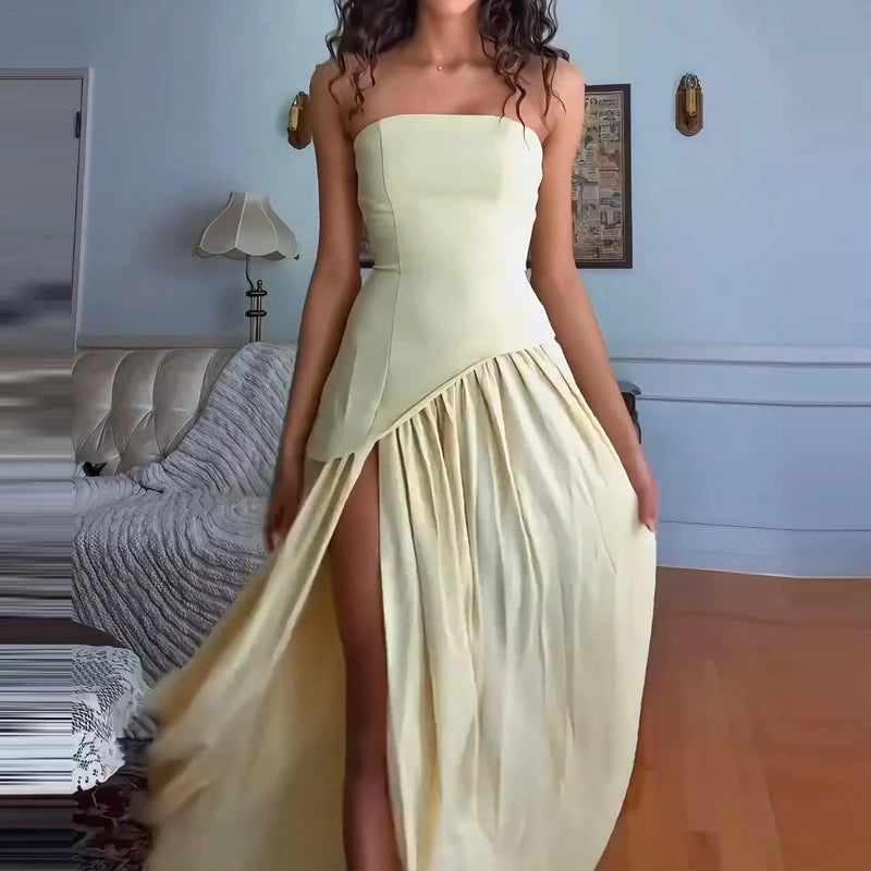 Women's Fashion Draped Solid Gown Dress Sexy Strapless Hight Waist Evening Dress Summer Elegant Sleeveless Backless Long Dress