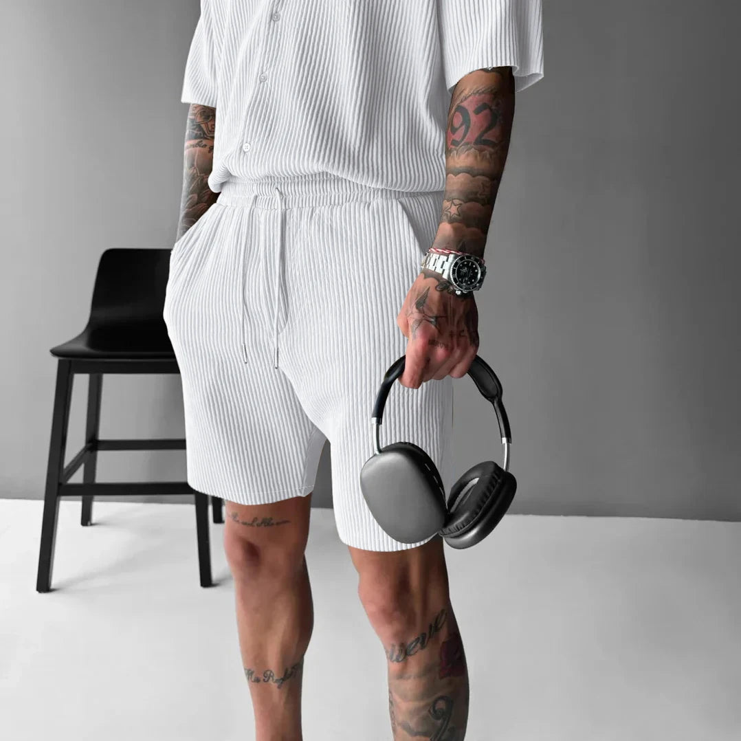 casual style corduroy suit men solid color short sleeved button up shirt loose fashion high-quality shorts handsome sports suit