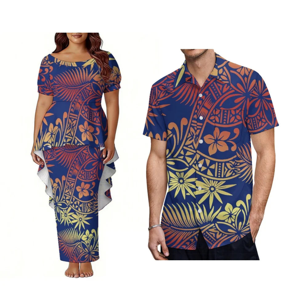 Polynesian Dinner Party Couple Outfits - Bubble Sleeve And Tailoring Style Puletasi Ladies' Dress - Casual Style Men'S Shirt