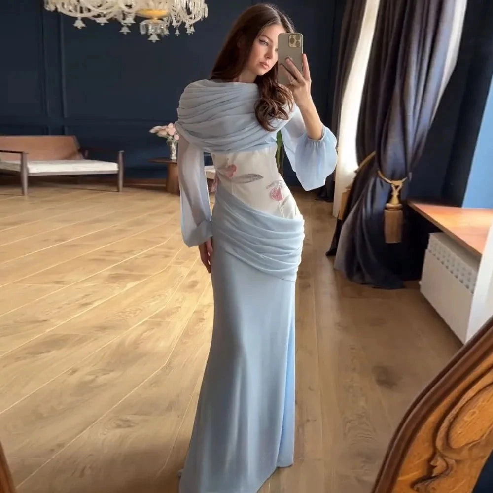 Women Blue Fashion Evening Gown Customized High Neck Long Sleeves Floral Chiffon Mermaid Party Dress Floor Length Prom Dress
