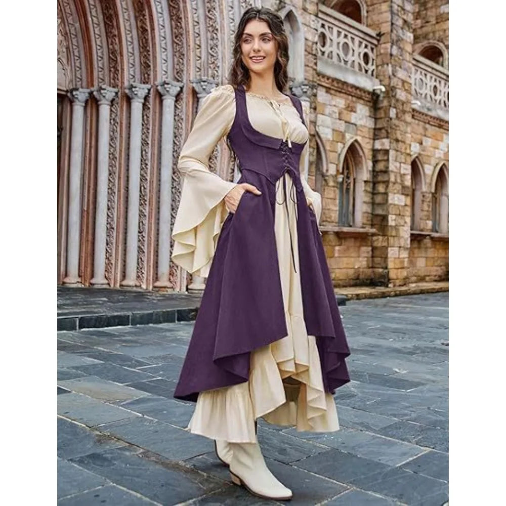 Women's Renaissance Dress with Underbust Corset - High Low Hem Medieval Gown for Cosplay, Festival and Themed Party