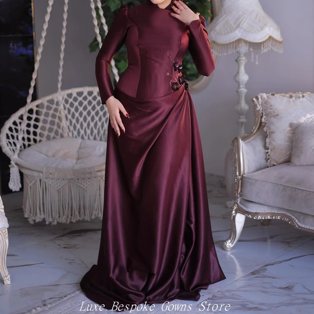 Women's Formal Evening Gowns A-line Floor-length O-neck Full Sleeve Prom Dresses Fashion Flowers Simple Draped Customized Gowns
