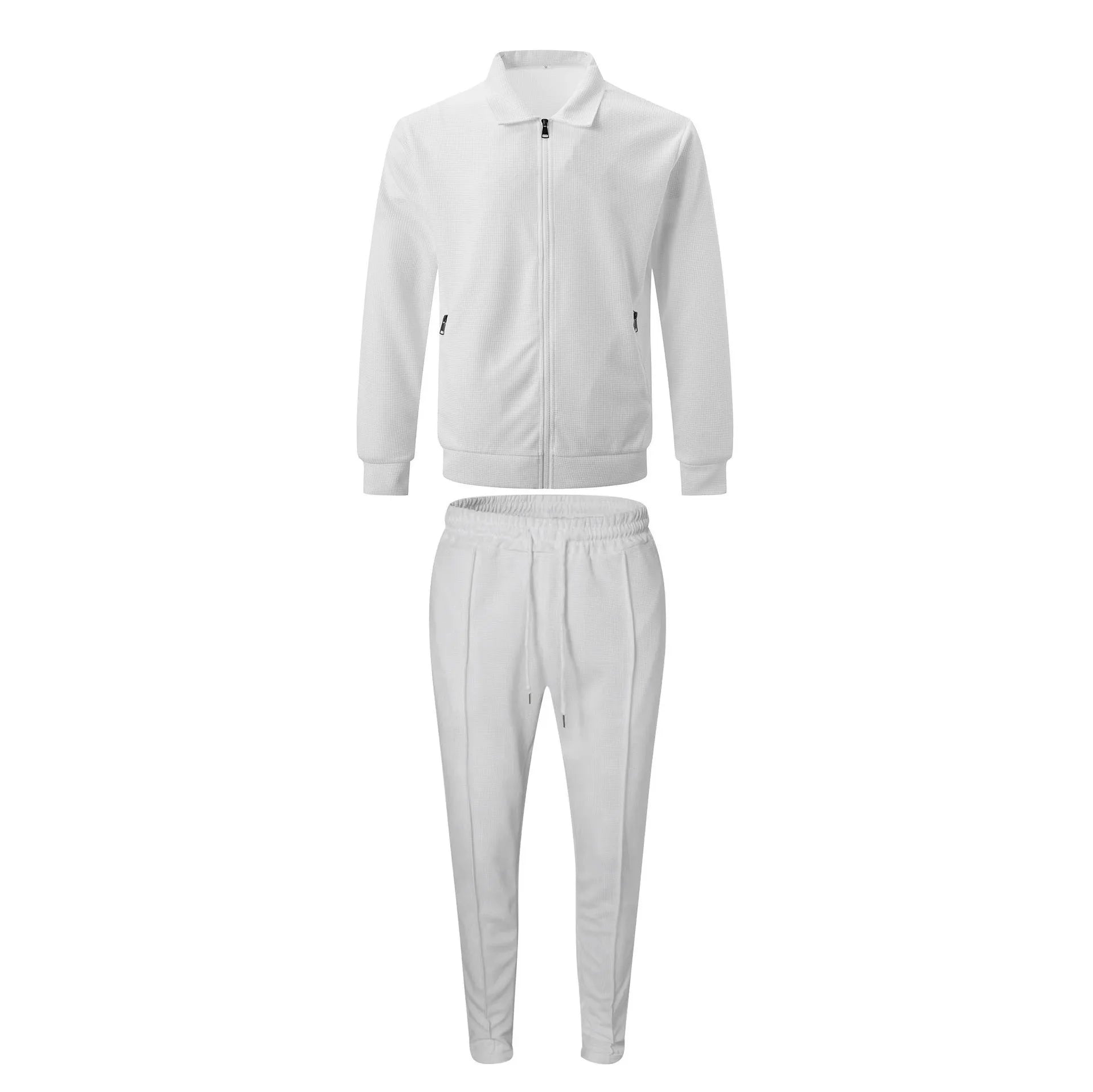 The new spring-autumn men's suit featuring a stylish waffle jacket and plain-colored trousers makes for a great casual outfit.