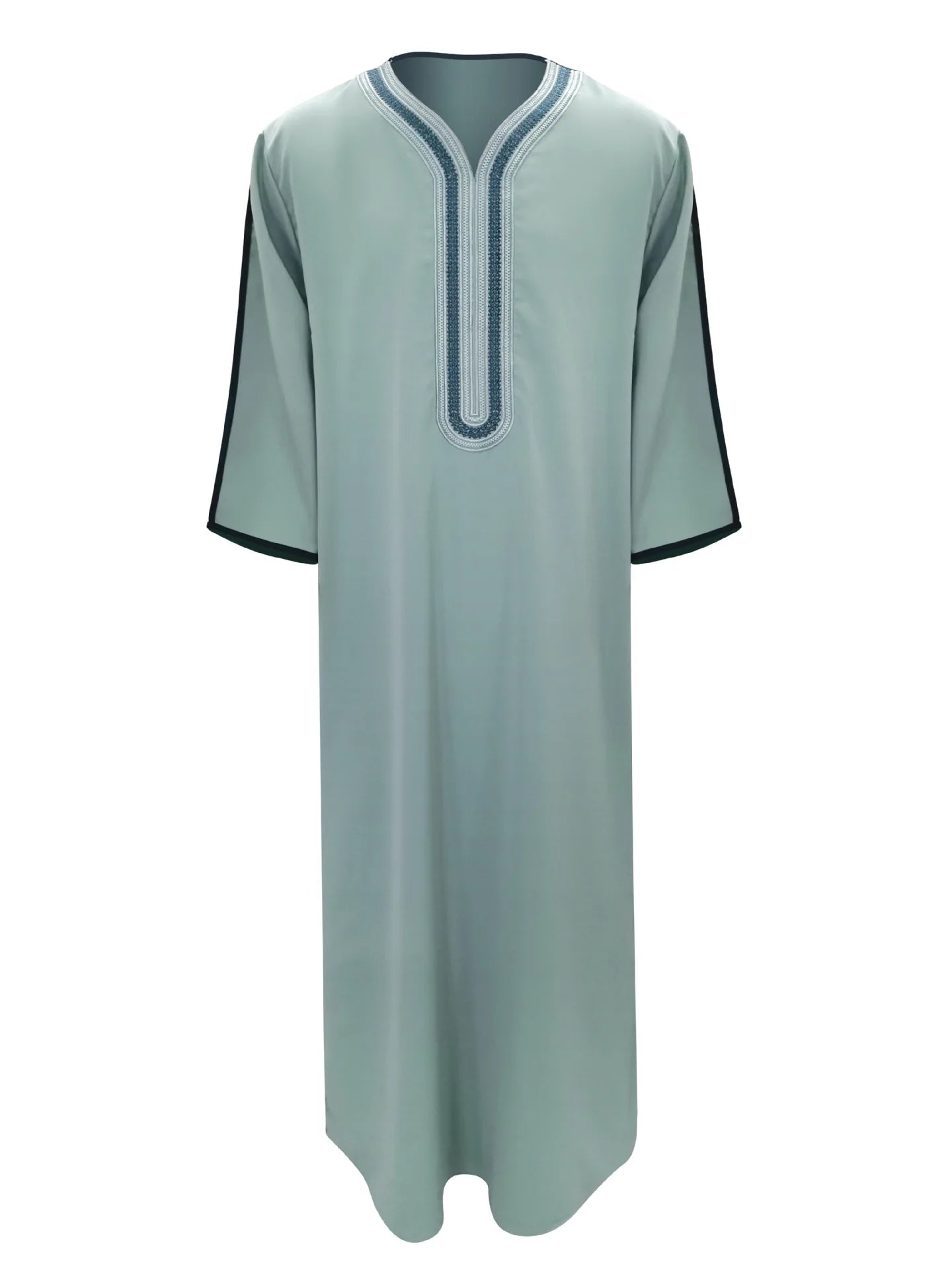 2026 Muslim Men Dress Solid Casual Robe V-neck Loose Kaftan Abayas Ethnic Style Embroidered Prayer Gown Arab Islamic Jubba Thobe