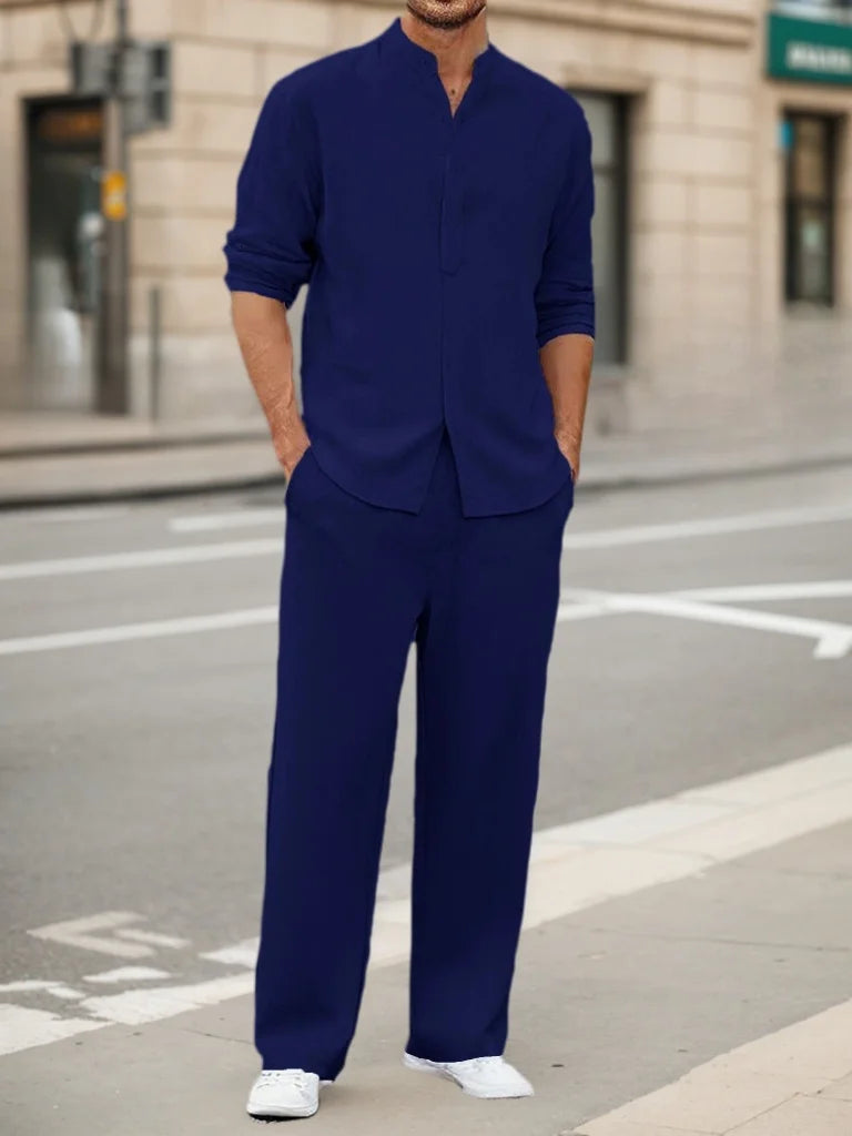 Men's Fall Casual Outfits Solid Color Henley Collar Long Sleeve Tops with Elastic Waist Pants Long Sleeve Pants Shirt Suit