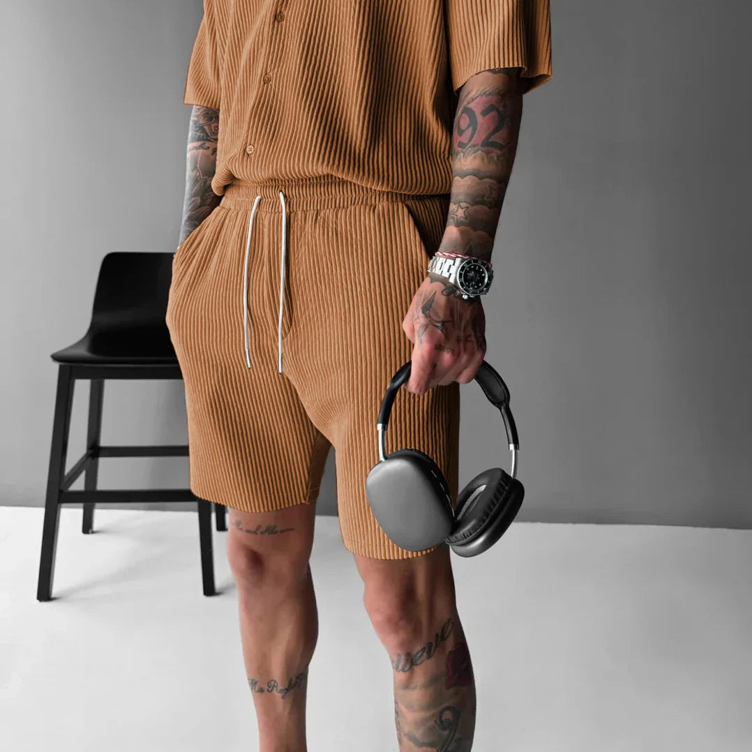 casual style corduroy suit men solid color short sleeved button up shirt loose fashion high-quality shorts handsome sports suit