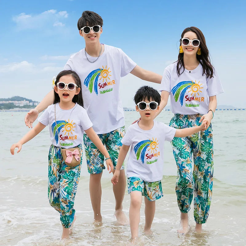 Couple Clothes Matching Outfits for The Whole Family Vacation Look Mom and Daughter T Shirts Pants Two Piece Sets Dad Son Suit