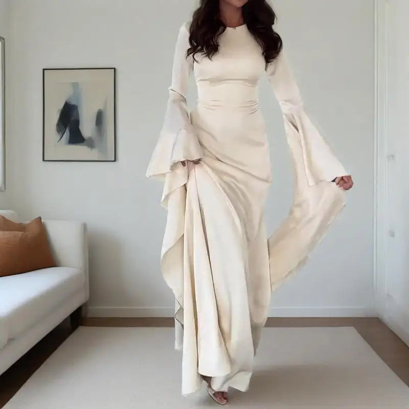 Evening Gown Dress Women's Sexy Slim Fit Solid Color Round Neck Flared Sleeves Elegant Style Summer New Item
