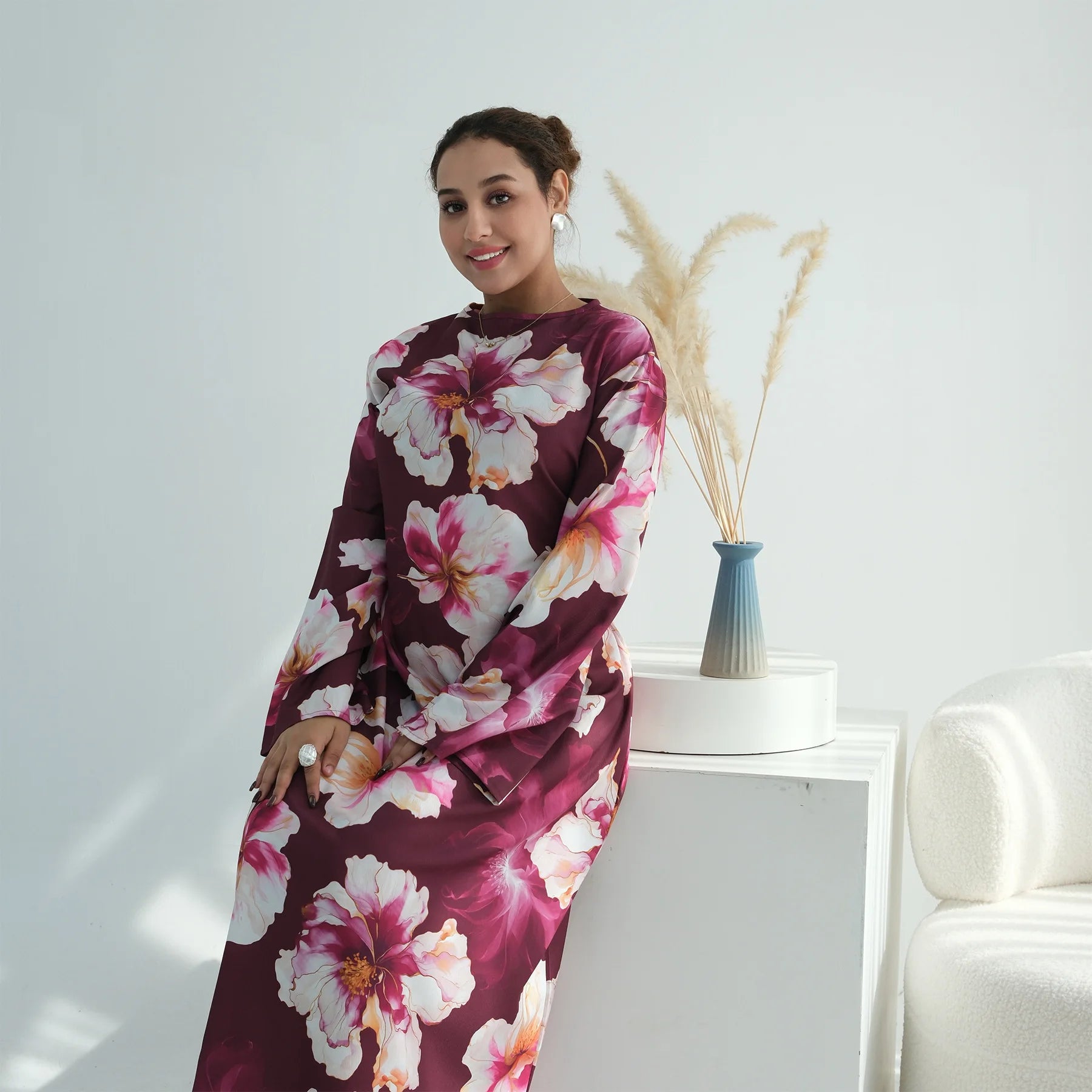 Muslim Dress for Women Flower Print  Party Abaya Dresses Arab Long Robe Morocco Dubai Kaftan Vestidos Jalabiya Ramadan Eid 2026