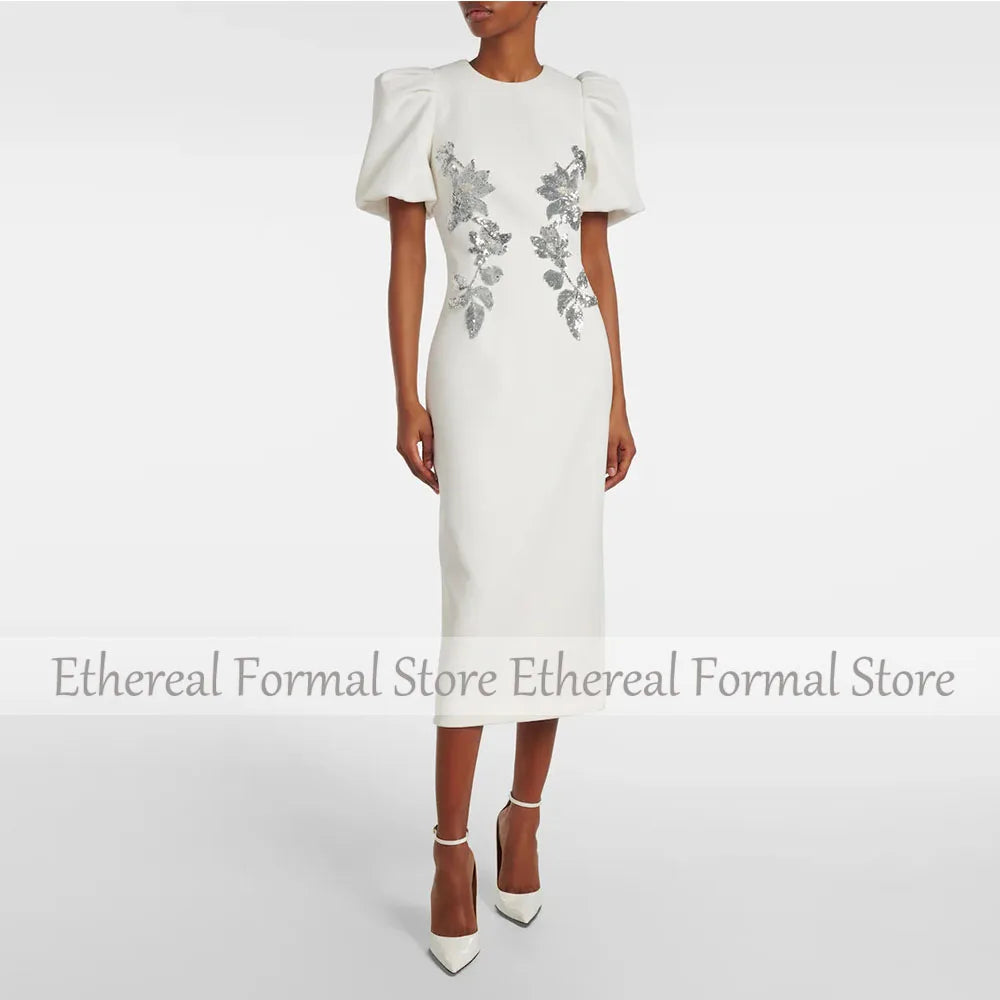 Fashion Ivory Evening Gown For Women Sheath Formal Party Dress Tea Length Short Sleeves Prom Dress Sequin Appliques Saudi Dress