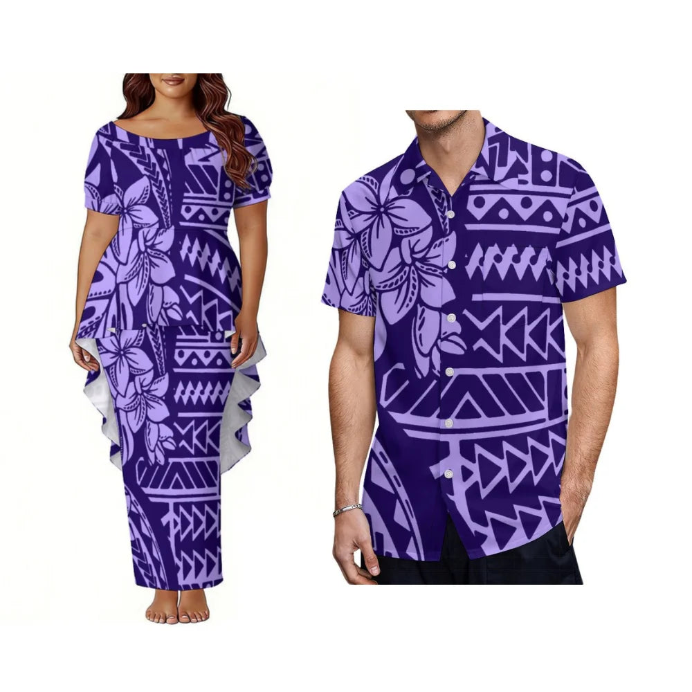 Polynesian Dinner Party Couple Outfits - Bubble Sleeve And Tailoring Style Puletasi Ladies' Dress - Casual Style Men'S Shirt