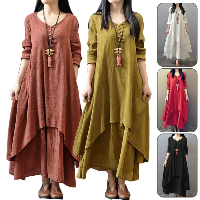 Women's Dress Long Dress Fashion Fake Two Pieces Loose Long Sleeve Art Big Swing Cotton Hemp Bohemian Cotton Vintage Women Dress