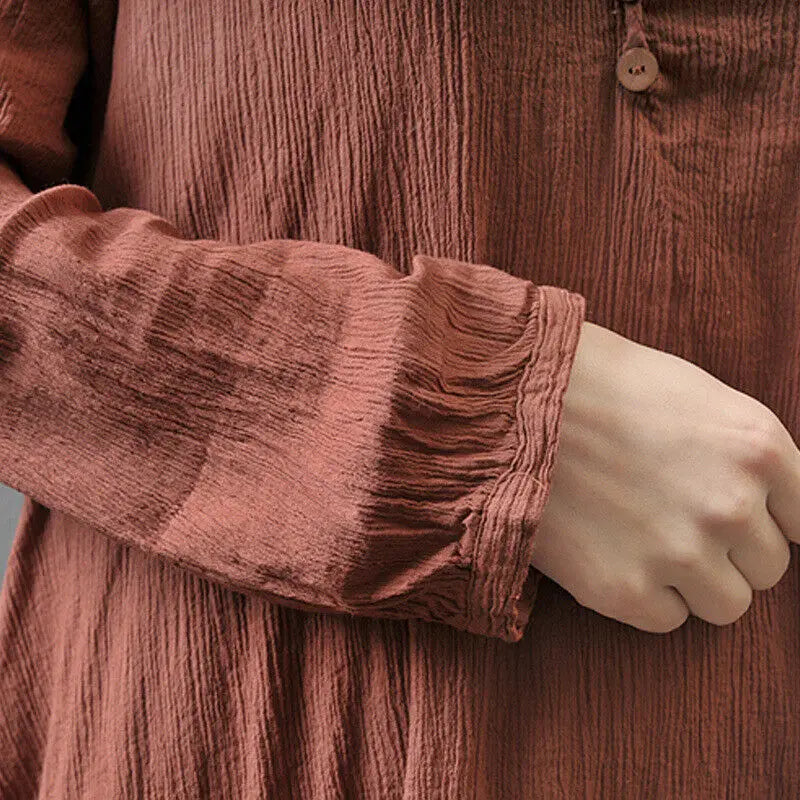 Women's Dress Long Dress Fashion Fake Two Pieces Loose Long Sleeve Art Big Swing Cotton Hemp Bohemian Cotton Vintage Women Dress